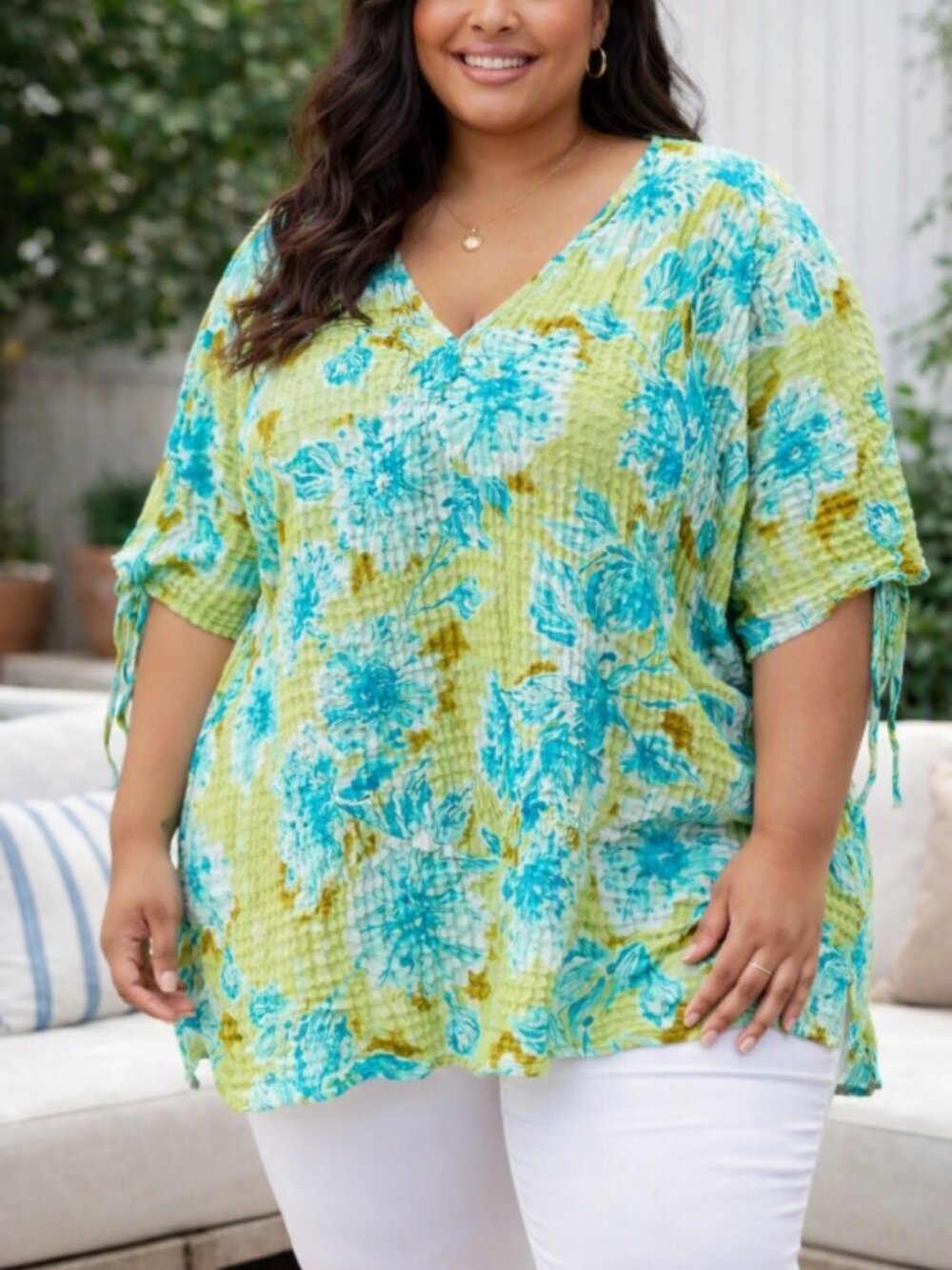 Avenue Turquoise Floral Print Crinkle Blouse Tunic Plus 26/28 Boho Resortwear